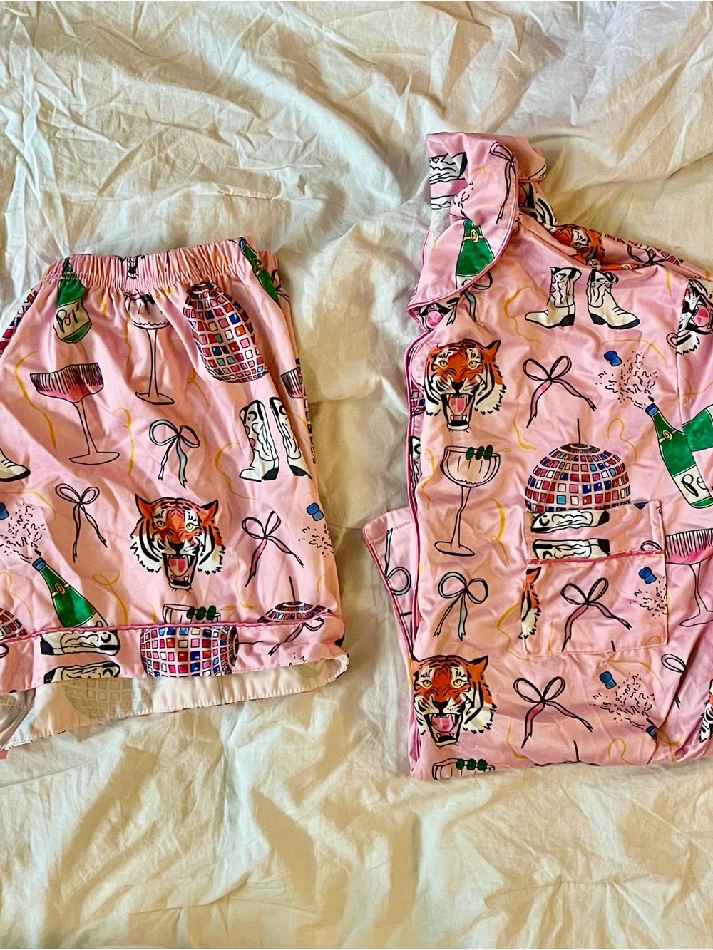 Pink Printed Pajama Set with Tiger & Party Motif